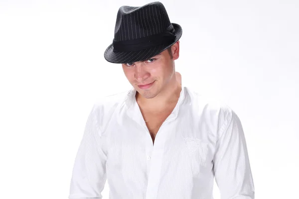 Portrait handsome fashion man in hat posing on white background — Stock Photo, Image