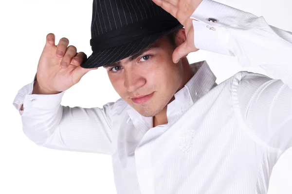 Retrato bonito moda homem no chapéu posando no branco fundo — Fotografia de Stock