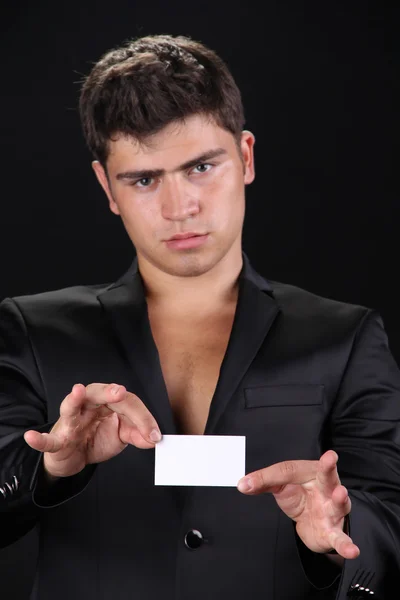 전화 카드, 명함, 명함을 보여주는 남자 — 스톡 사진