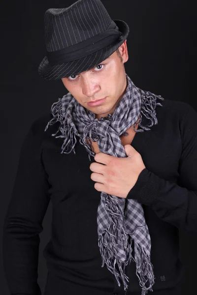 stock image Portrait of man in b bandana on dark background