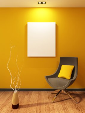 Modern armchair and blank on the wall in orange interior. Wooden