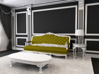 Royal Sofa and table with lamp, furry carpet in luxurious interi clipart