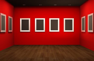 Front perspective of gallery room. Empty blank frames in Showroo clipart