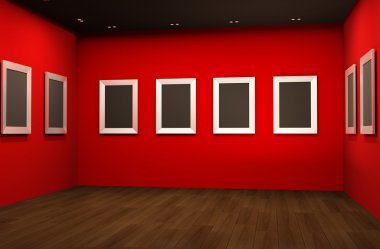 Perspective of gallery interior with empty frames on red walls clipart