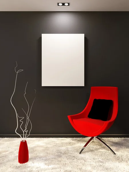 Fauteuil rouge avec oreiller et blanc blanc blanc sur le mur noir en mi — Photo