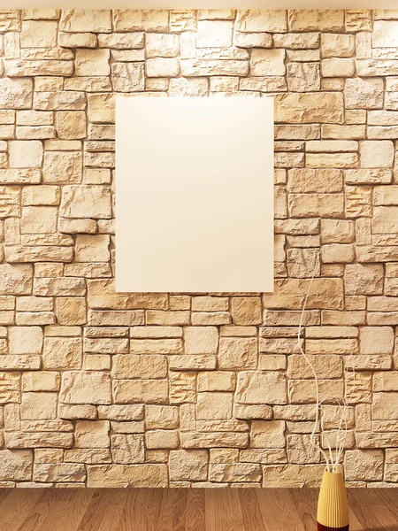 Branco na parede de pedra de tijolo e vaso decorativo em um parquete — Fotografia de Stock