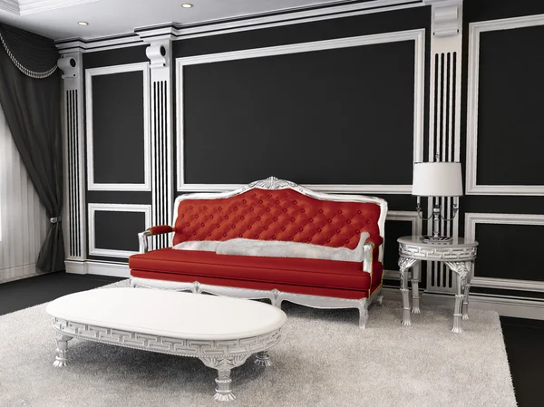 Canapé en cuir rouge, table, lampe, tapis en fourrure. Meubles de luxe en — Photo