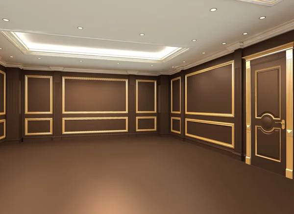 Interior do espaço vazio. Molduras douradas na parede de madeira em luxuri — Fotografia de Stock