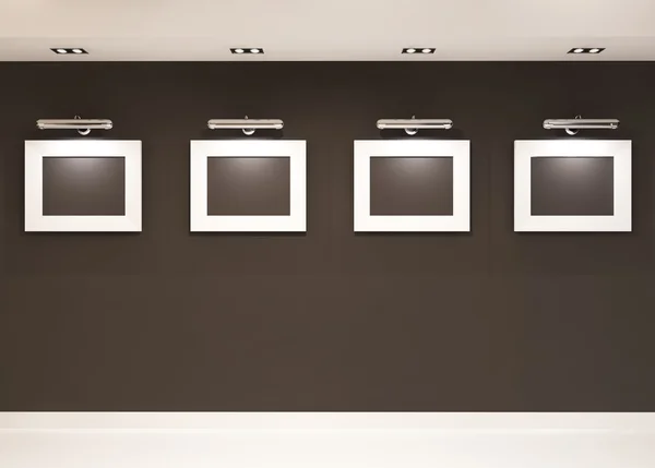 Εκθεσιακό χώρο. τέσσερα κενά πλαίσια στον μαύρο τοίχο σε μοντέρνο εσωτερικό — Φωτογραφία Αρχείου