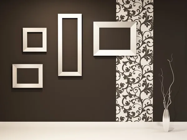 Schauraum. leere Rahmen an der schwarzen Wand mit Dekoration — Stockfoto