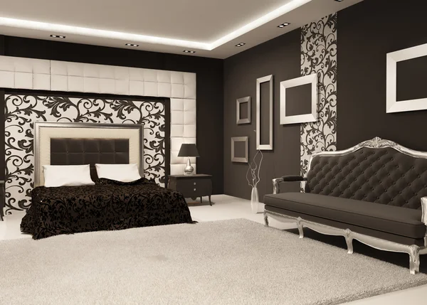 Modernes Bett mit Nachttisch und luxuriösem Sofa, leere Rahmen o — Stockfoto