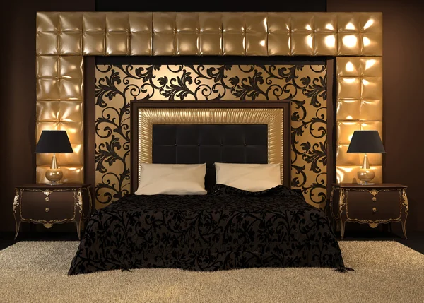 Perspectiva frontal de luxutiois cama doble en apartamento real. Mo. —  Fotos de Stock