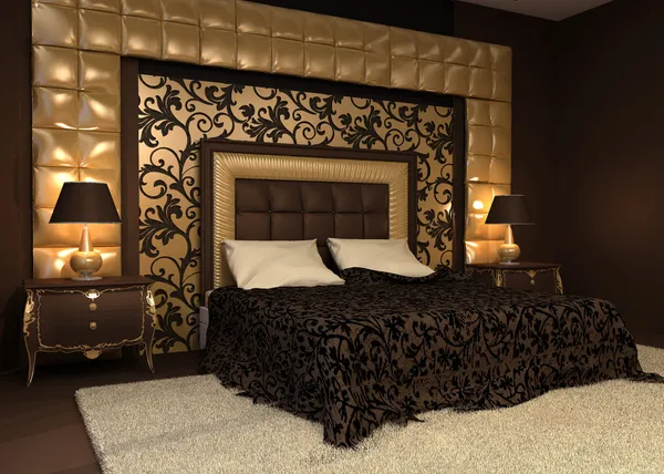Romantic interior. Double bed in golden luxurious interior. Hote — Stock Photo, Image
