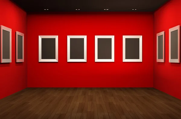Perspectiva frontal de la sala de galería. Marcos vacíos en blanco en Showroo —  Fotos de Stock