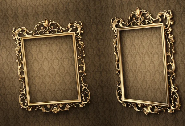 Empty golden frames on the wall. Space showroom. Royal — Stock Photo, Image