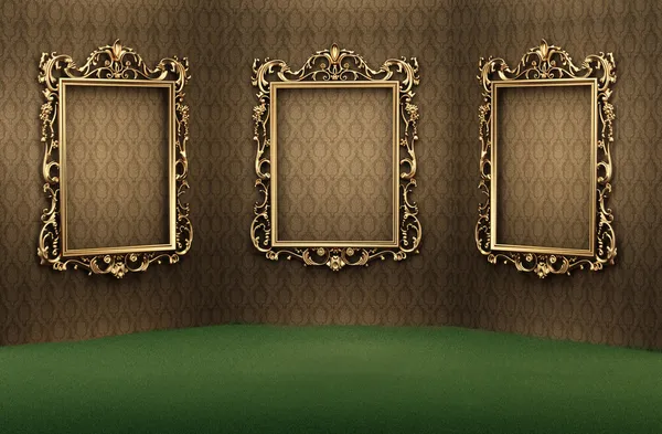 Leere goldene Rahmen an der Wand in luxuriösem Interieur — Stockfoto