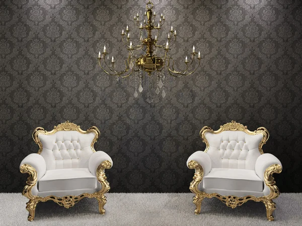 Goldener Kronleuchter mit luxuriösen Sesseln — Stockfoto