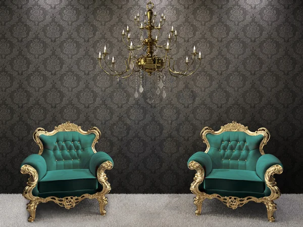 Gouden kroonluchter met luxe fauteuils — Stockfoto