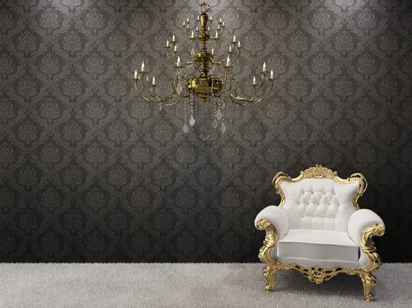 Gouden kroonluchter met luxe fauteuils — Stockfoto