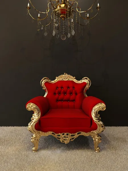 Luxury armchair with golden frames and royal chandelier in interior — Stock Photo, Image