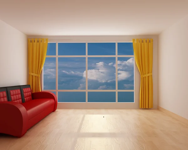 Δωμάτιο με ένα πανόραμα και κόκκινο καναπέ — Φωτογραφία Αρχείου