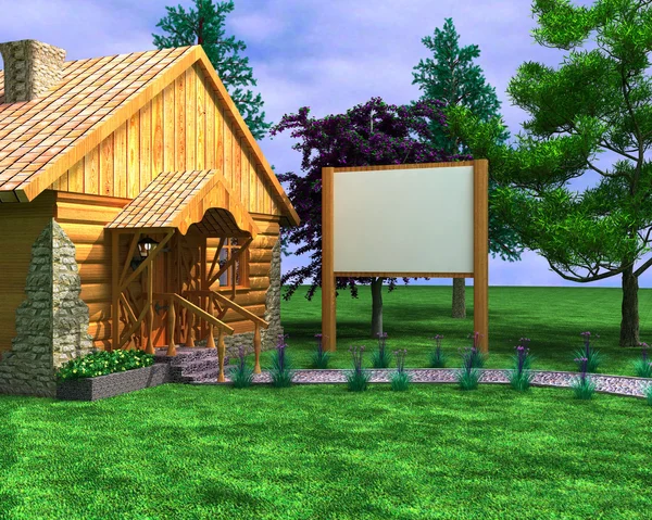 Drewniany dom z szyld — Zdjęcie stockowe