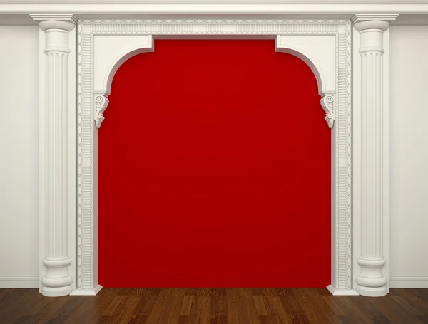Κόκκινο τοίχο με κλασική στήλες και καλούπια — Φωτογραφία Αρχείου