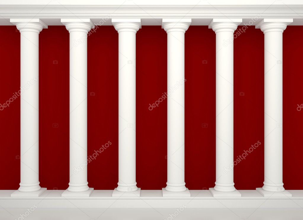 Series of classical columns on the background of the red wall