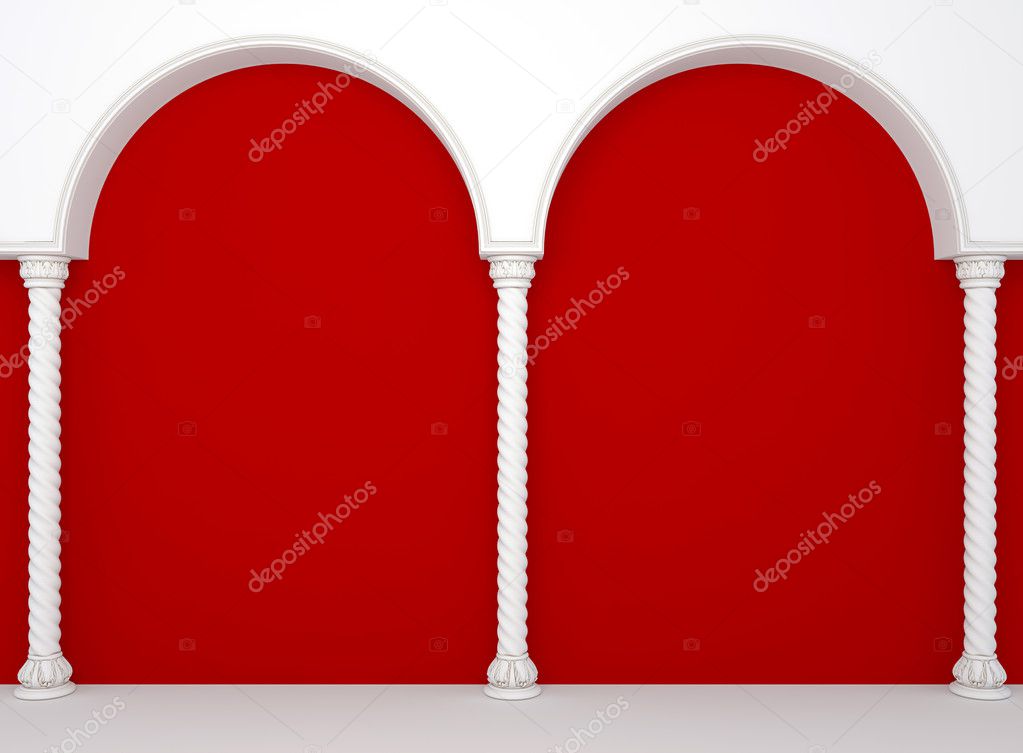 Luxurious red wall with graceful columns and arches