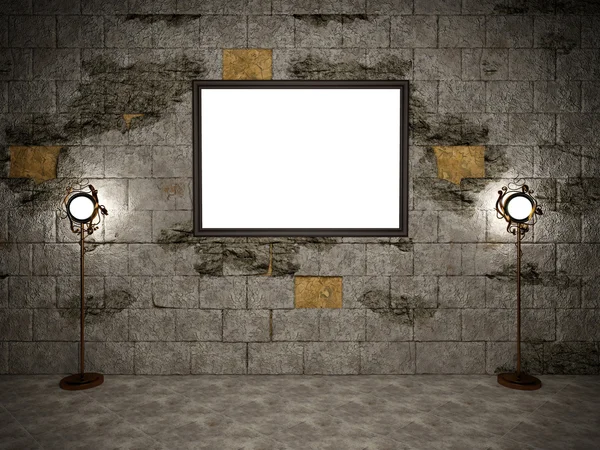 Oude stenen muur met het frame en de vloer lampen — Stockfoto