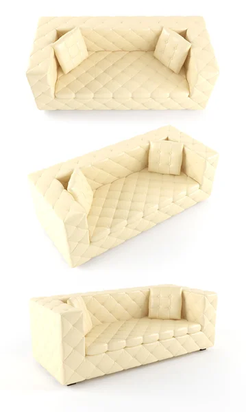 Beżowy skórzany sofa na białym tle — Zdjęcie stockowe