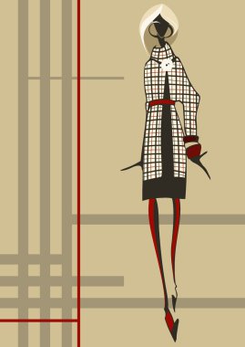 Fashionable young woman who is dressed in a plaid dress clipart