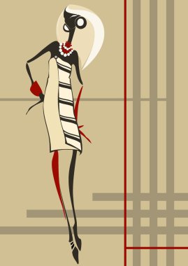 Fashionable young woman who is dressed in a plaid dress clipart