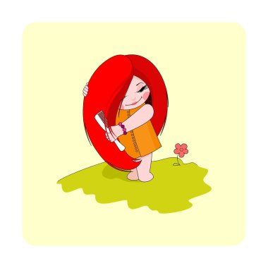 A little pretty girl with long red hair. A girl combs her hair. clipart
