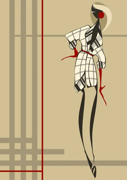 Fashionable young woman who is dressed in a plaid dress — Stock Vector