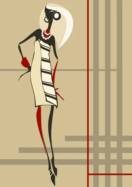 Jeune femme à la mode qui est vêtue d'une robe à carreaux — Image vectorielle