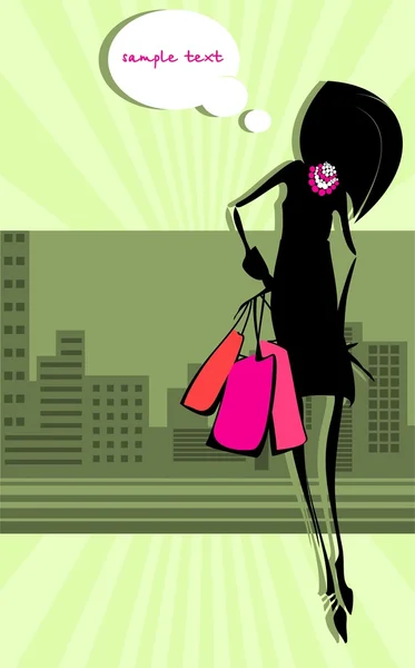 Slim girl returned with their purchases. Dreams. — Stock Vector