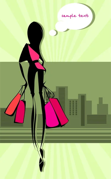Slim girl returned with their purchases. Dreams. — Stock Vector