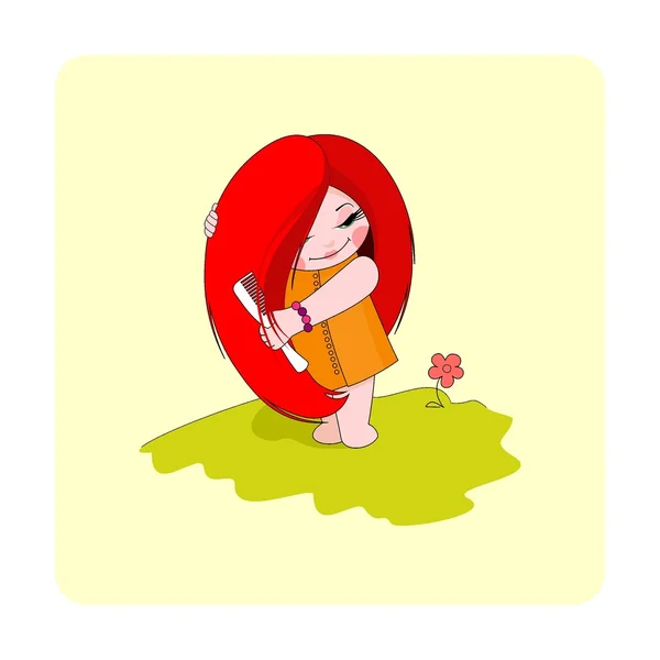 Ein kleines hübsches Mädchen mit langen roten Haaren. Ein Mädchen kämmt sich die Haare. — Stockvektor