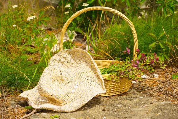 Paysage rustique avec herbes et chapeau de paille .. — Photo