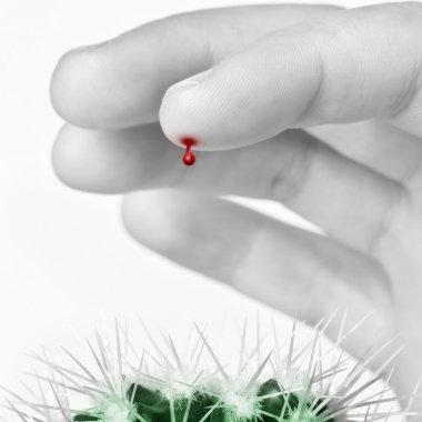 Finger with a blood drop pricked by cactus clipart