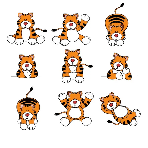 Lindo tigre conjunto de dibujos animados — Vector de stock