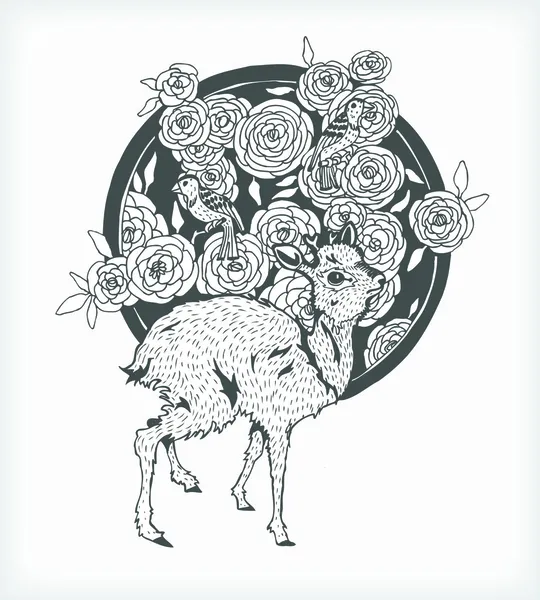Portrait of Baby Deer with Flowers — Stock Vector