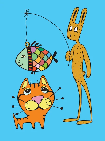 Conejo gato y peces jugando (vector ) — Archivo Imágenes Vectoriales