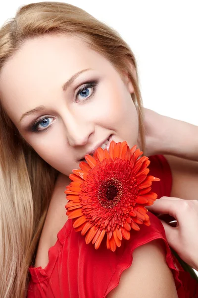 Young lady with red gerbera — Stock Photo, Image