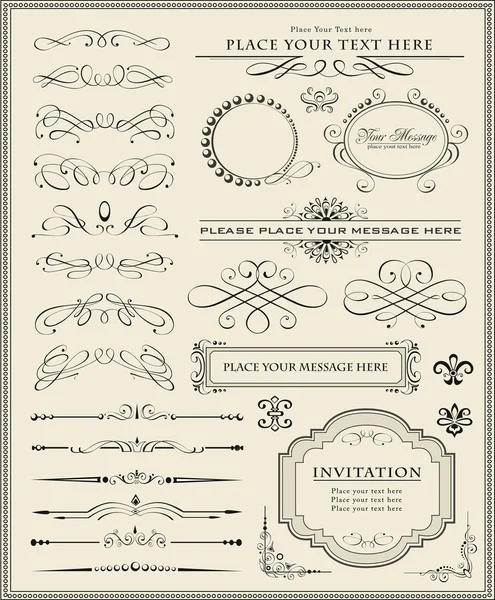 Kalligráfiai tervezési elemek és oldaldekoráció — Stock Vector
