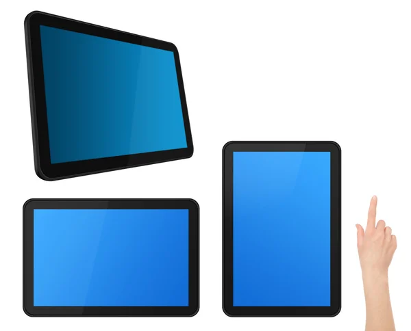 Uppsättning interaktiva touch skärmen tabletter med hand — Stockfoto