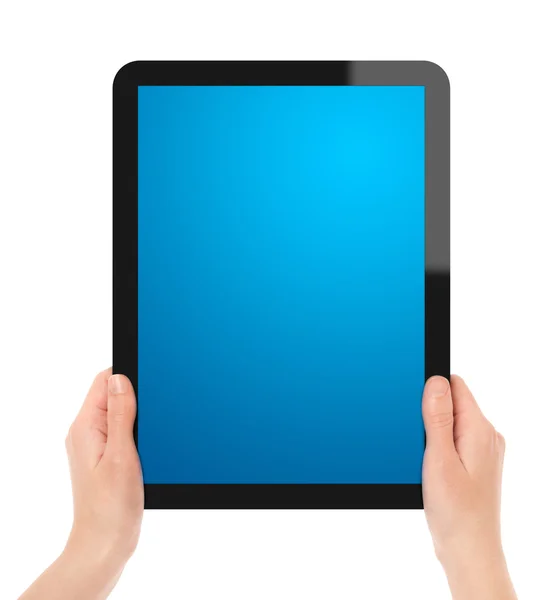 Segurando tablet tela sensível ao toque — Fotografia de Stock