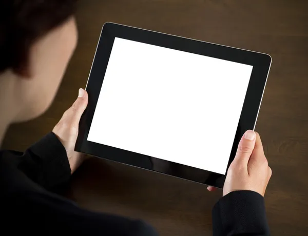 Mujer de negocios sosteniendo la tableta en blanco PC —  Fotos de Stock