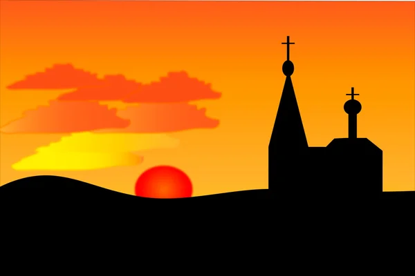 Een oranje zonsondergang en orthodoxie kerk — Stockvector